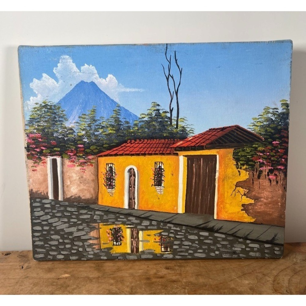Vintage Mexican Hacienda Mountain Landscape Oil Painting on Canvas 9.5"L x 11" H
